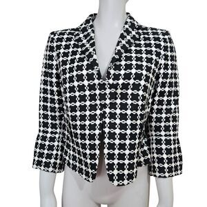 Akris‎ Punto Cropped woven Silk Jacket Sz 10 Black Cream Geometric Blazer lined